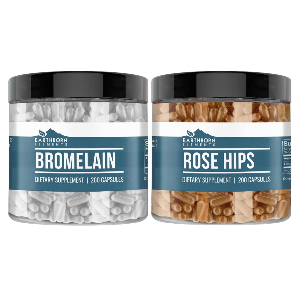 Earthborn Στοιχεία Rose HIPS & Bromelain Capulse Bundle (200 Κάψουλες Καθένα), Pure & Undiluted, Χωρίς Πρόσθετα