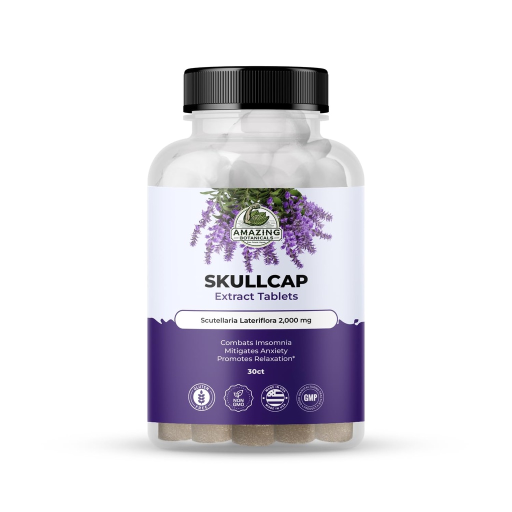 Amazing Botanicals Skullcap 10X Extract Δισκία 2, 000 mg - Υψηλής ισχύος βοτανικό συμπλήρωμα για χαλάρωση και ευεξία - 30 δισκία