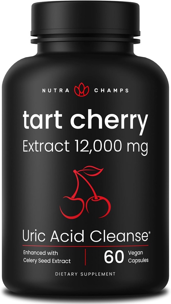 Organic Tart Cherry Extract Capsules 12.000mg - Κατασκευασμένα από Montmorency Tart Cherry συμπυκνωμένο, σέλινο Σπόρος & Bilberry - Καθαρισμός ουρικού οξέος & Κοινή Υποστήριξη - Κάψουλες Vegan