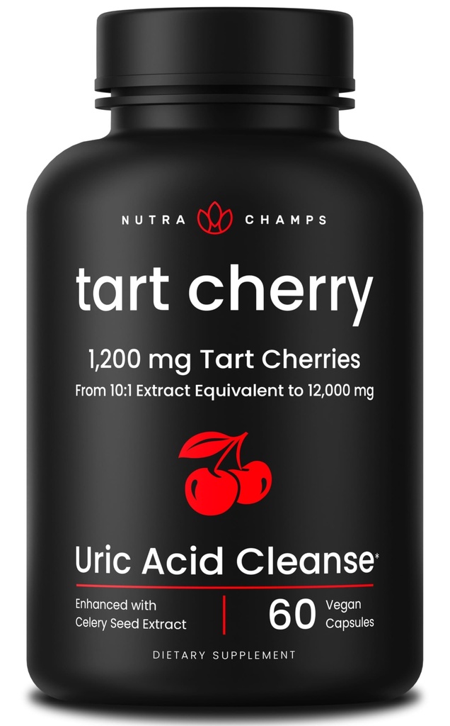 Organic Tart Cherry Extract Capsules 12.000mg - Κατασκευασμένα από Montmorency Tart Cherry συμπυκνωμένο, σέλινο Σπόρος & Bilberry - Καθαρισμός ουρικού οξέος & Κοινή Υποστήριξη - Κάψουλες Vegan