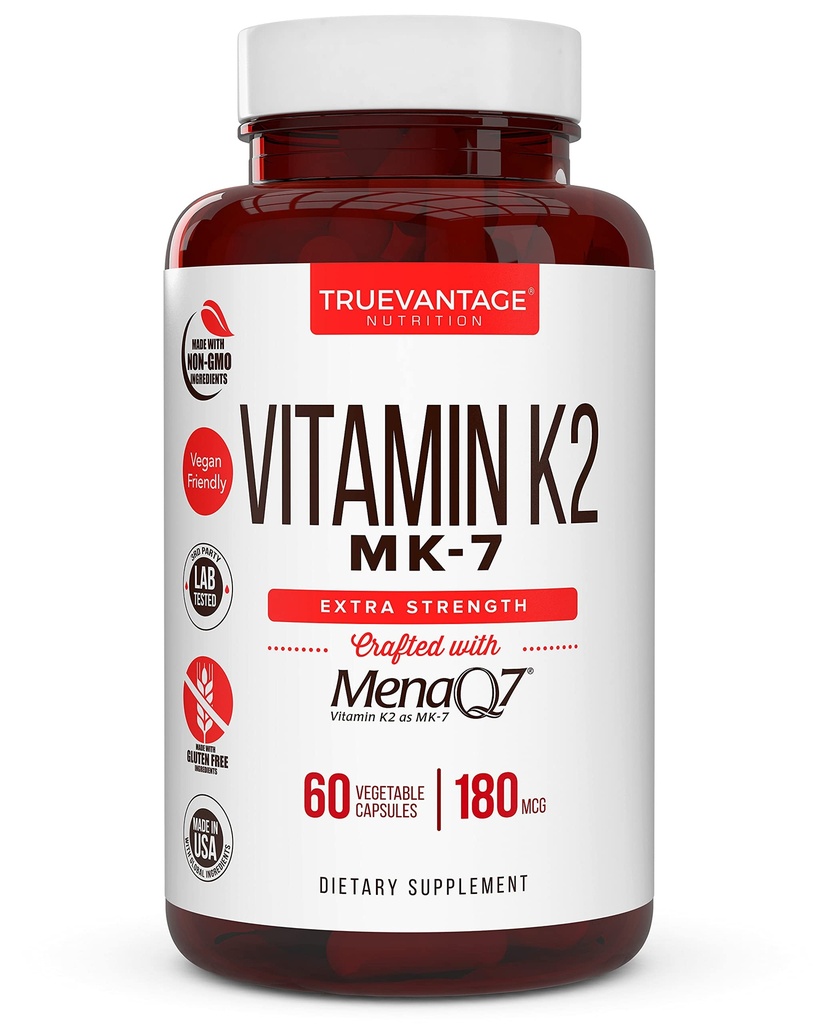 Βιταμίνη k2 MK-7 συμπλήρωμα 180mcg -Βιταμίνη K2 Υποστηρίζει την υγεία των οστών και της καρδιάς για Καρδιαγγειακό Ασβέστιο Απορρόφηση από αρτηρίες- 60 Εύκολα να καταπιούν φυτικά καπάκια MenaQ7 K2 MK7