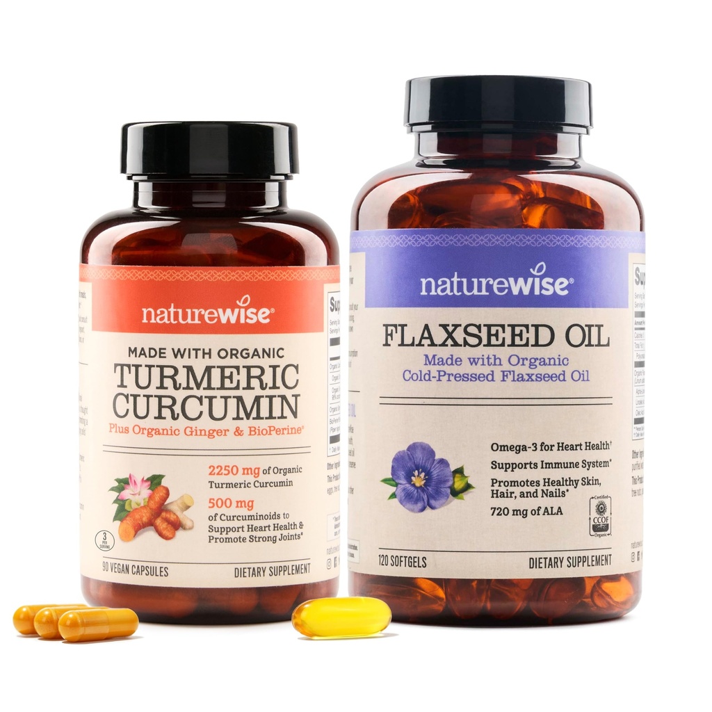 NatureWise Κουρκουμίνη Turmeric 2250mg & έλαιο λιναρόσπορου 1200mg Ωμέγα 3 6 9 Softgels για την κοινή, καρδιά & ανοσοποιητική υποστήριξη [1 & 2 Μήνα Προσφορά]