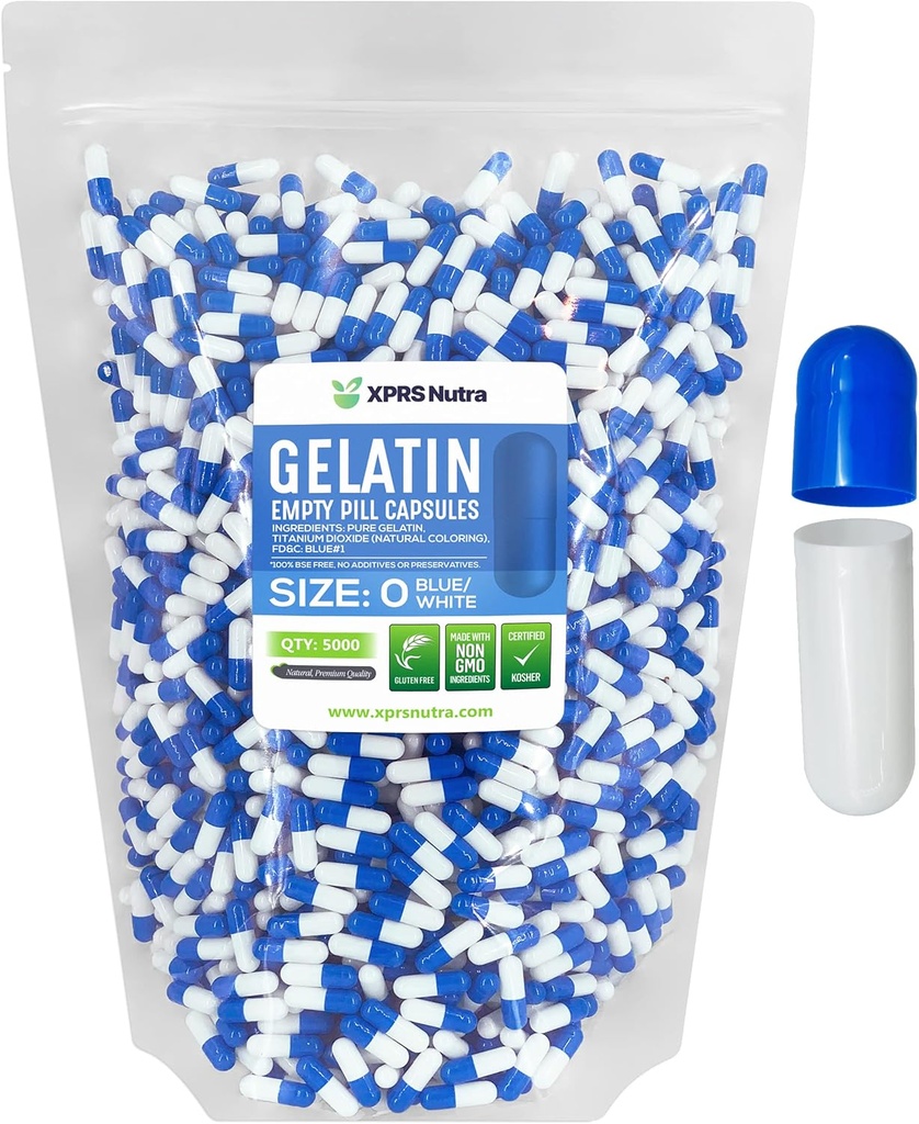 XPRS Nutra Μέγεθος 0 Κενές κάψουλες - 5000 Count Empty Gelatin Κάψουλες - Χάπια DIY Καψάκιο Γέμισμα - Καθαρά καπάκια τζελ για τα χάπια Bovine για το Do-It-Yourself Συμπληρώματα (Blue/White)