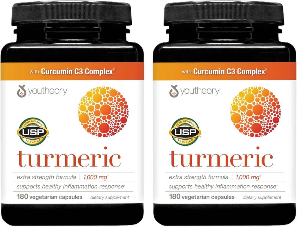 Youtheory Turmeric Extra Strength - 1,000 mg - Υποστηρίζει τους μυς και την κοινή υγεία* - Περιέχει βιοενεργούς, κουρκουμινοειδή & εκχυλίσματα βοτάνων - USP Επαληθευμένο - 180 κάψουλες χορτοφάγων, 2 συσκευασίες (180-Ημέρες προσφοράς)