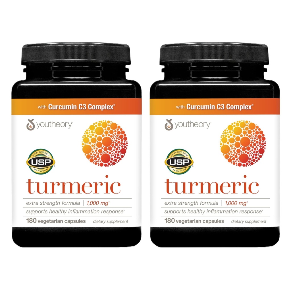 Youtheory Turmeric Extra Strength - 1,000 mg - Υποστηρίζει τους μυς και την κοινή υγεία* - Περιέχει βιοενεργούς, κουρκουμινοειδή & εκχυλίσματα βοτάνων - USP Επαληθευμένο - 180 κάψουλες χορτοφάγων, 2 συσκευασίες (180-Ημέρες προσφοράς)