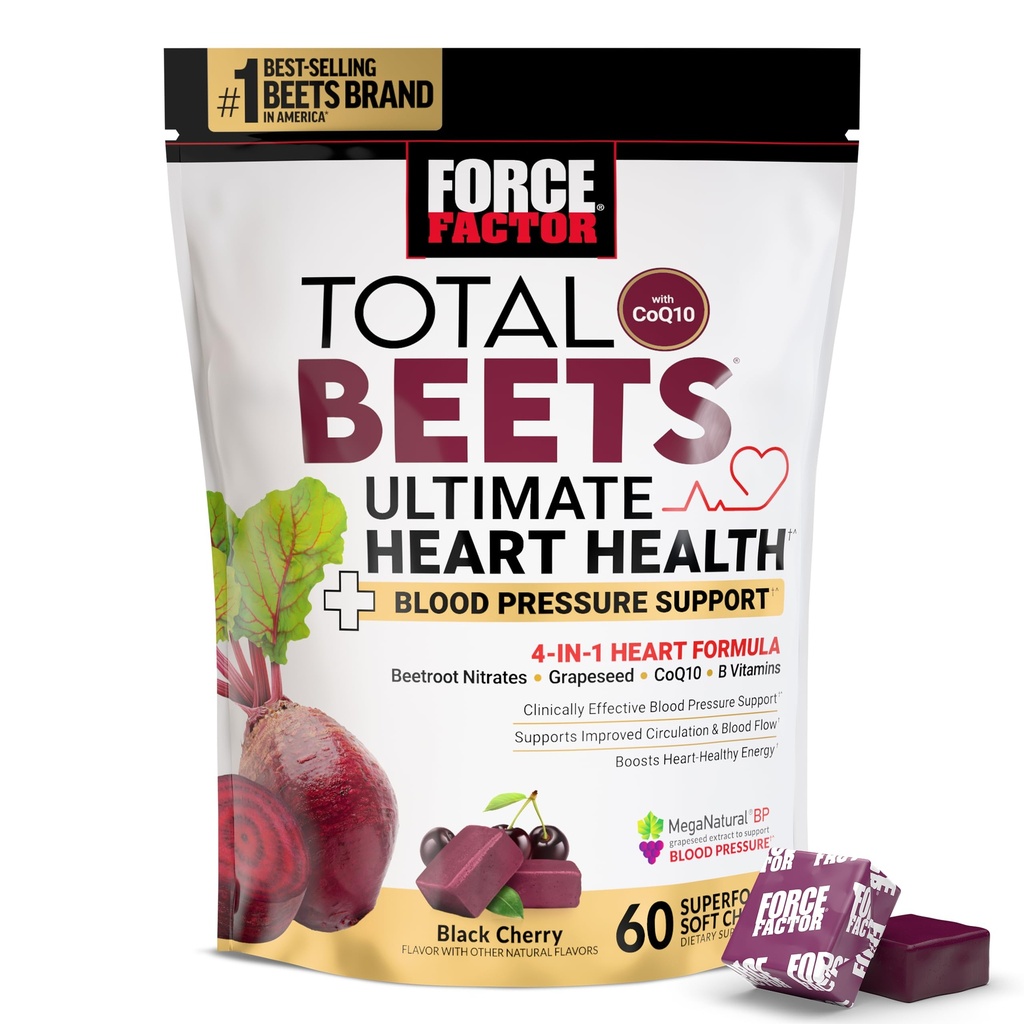 Force Factor Total Beets Ultimate Heart Health Chews for Blood Pressure Support, with Beetroot Powder, CoQ10, B Vitamins & Grapeseed Extract for Blood Flow & Energy, Black Cherry, 60 Soft Chews