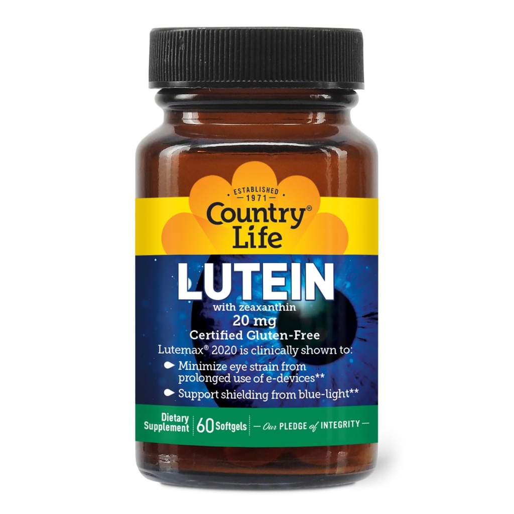 Country Life Lutein 20 mg - Certified Gluten-Free - Υποστήριξη για την υγεία των ματιών με Lutein και Zeaxanthin - Μειώνει το στέλεχος ματιών από τις οθόνες - Όχι μαγιά, καλαμπόκι, σιτάρι, γάλα - 60 Softgels