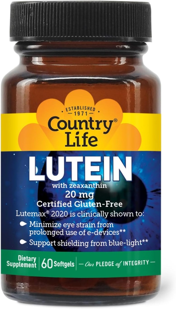 Country Life Lutein 20 mg Supplement - Certified Gluten-Free - Eye Health Support with Lutein and Zeaxanthin - Reduces Eye Strain from Screens - No Yeast, Corn, Wheat, Milk - 60 Softgels