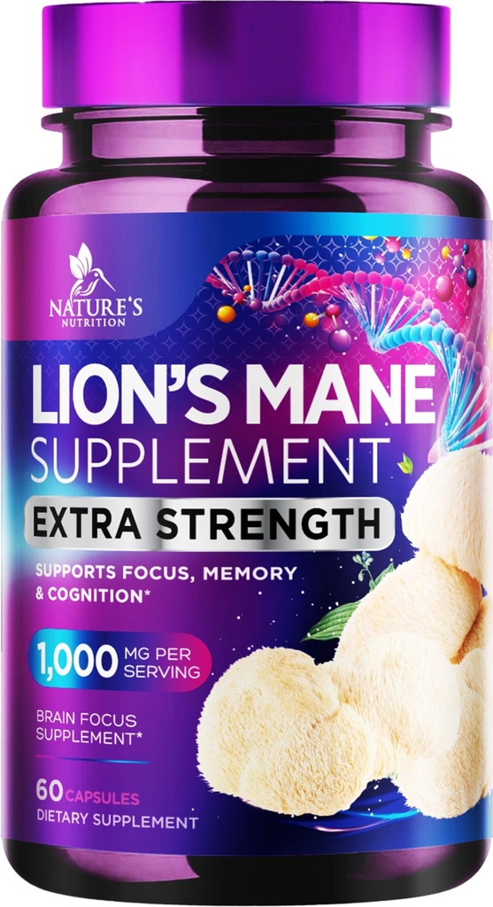 Lions Mane Mushroom Κάψουλες 10.000mg - Lion’s Mane Συμπληρώματα Κάψουλες για την υποστήριξη μνήμης και εστίασης, εγκέφαλος, ανοσοποιητική υποστήριξη υγείας, Vegan, Εμφιαλωμένο στις ΗΠΑ, Lions Mane Mushroom Powder Extract, 60 Count