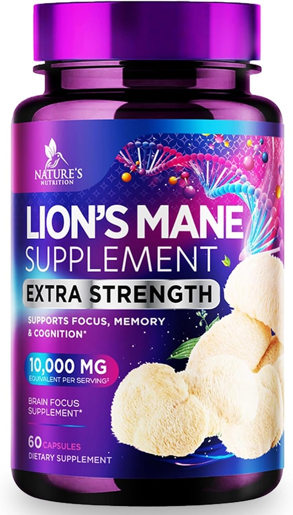 Lions Mane Mushroom Κάψουλες 10.000mg - Lion’s Mane Συμπληρώματα Κάψουλες για την υποστήριξη μνήμης και εστίασης, εγκέφαλος, ανοσοποιητική υποστήριξη υγείας, Vegan, Εμφιαλωμένο στις ΗΠΑ, Lions Mane Mushroom Powder Extract, 60 Count