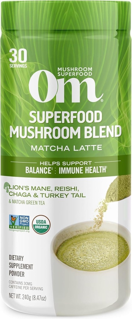 Om Mushroom Superfood Matcha Latte Blend – Πράσινο τσάι Mushroom Powder with Lion’s Mane, Reishi, Chaga & Turkey Tail – Focus, Calm & Stress Support – 8,47 oz Canister (30 services)