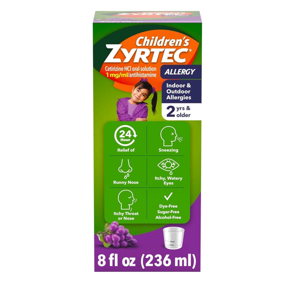 Παιδικό Zyrtec 24ωρη Αλλεργία Ανακούφιση Σιρόπι, 5 mg Cetirizine Υδροχλωρική Αντιισταμινική, Παιδική Αλλεργία Ιατρική για Εσωτερική & Εξωτερική Αλλεργία Ανακούφιση, Dye- & Sugar-Free, Σταφύλι, 8 fl. oz.