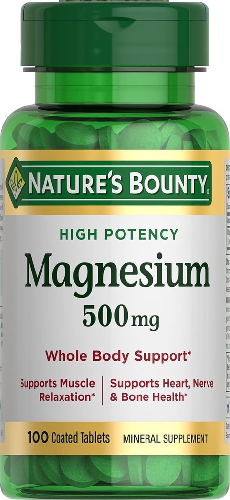 Nature's Bounty Magnesium, Mineral Supplement, Υποστηρίζει την υγεία των οστών και των μυών, 500 mg, Επικαλυμμένα δισκία, 100 Count