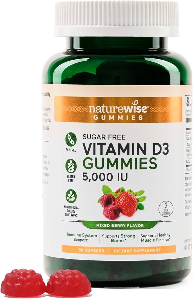 NatureWise Vitamin D3 5000 IU Gummies - Χωρίς ζάχαρη Αναμιγνύεται Berry Flavor - Βιταμίνη D Gummies για ενήλικες, Υποστηρίζει την Ανοσία, τους μυς και τη δύναμη των οστών -Γελατίνη-ελεύθερος, μη-GMO - 90 Gummies[45-Day Supply]