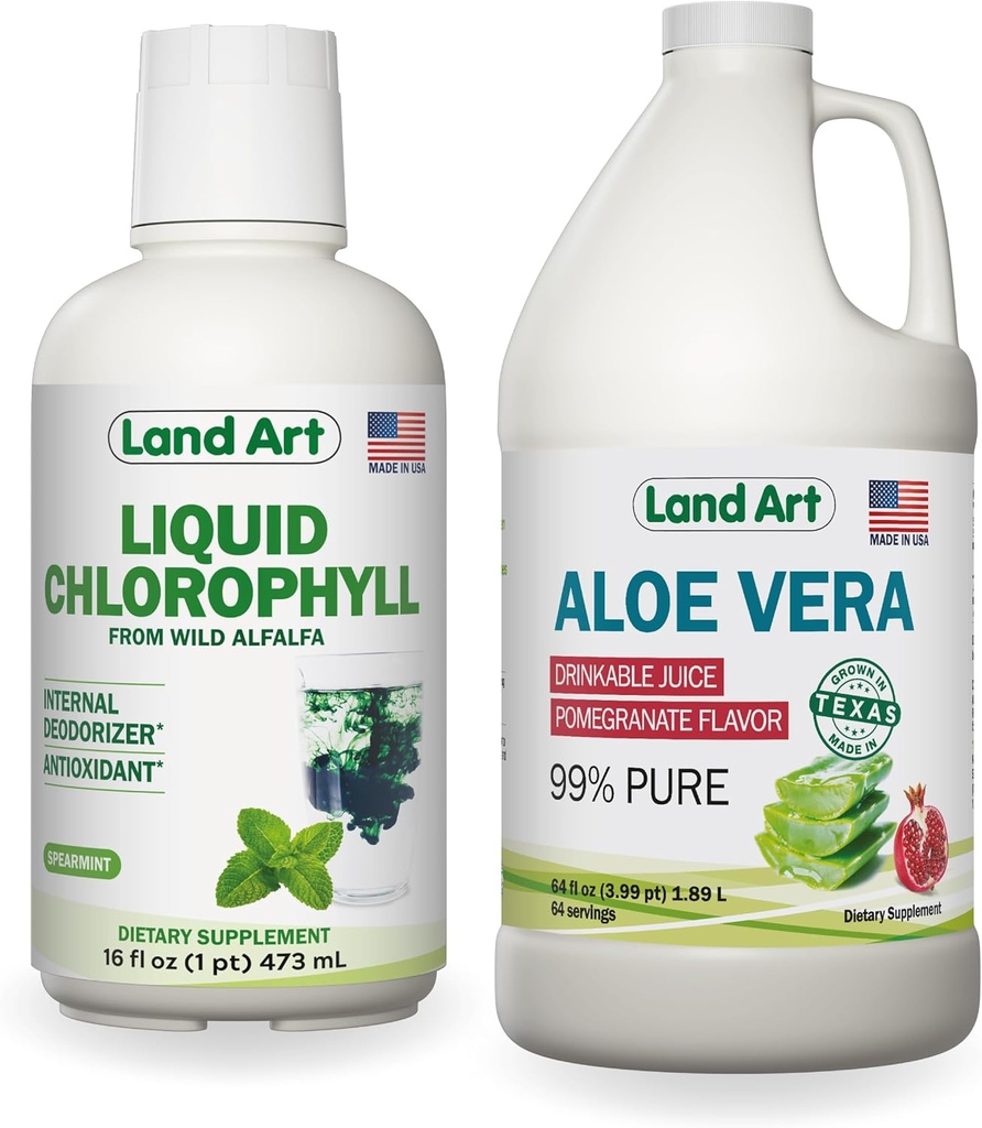 Land Art Aloe Vera Juice - Pomegranate Flavored - Cold Processed - Inner Filet from Organic Fresh Leaves - 64floz + Liquid Chlorophyll Mint Flavored - Cold Extracted from Wild Non-GMO Alfalfa - 16floz