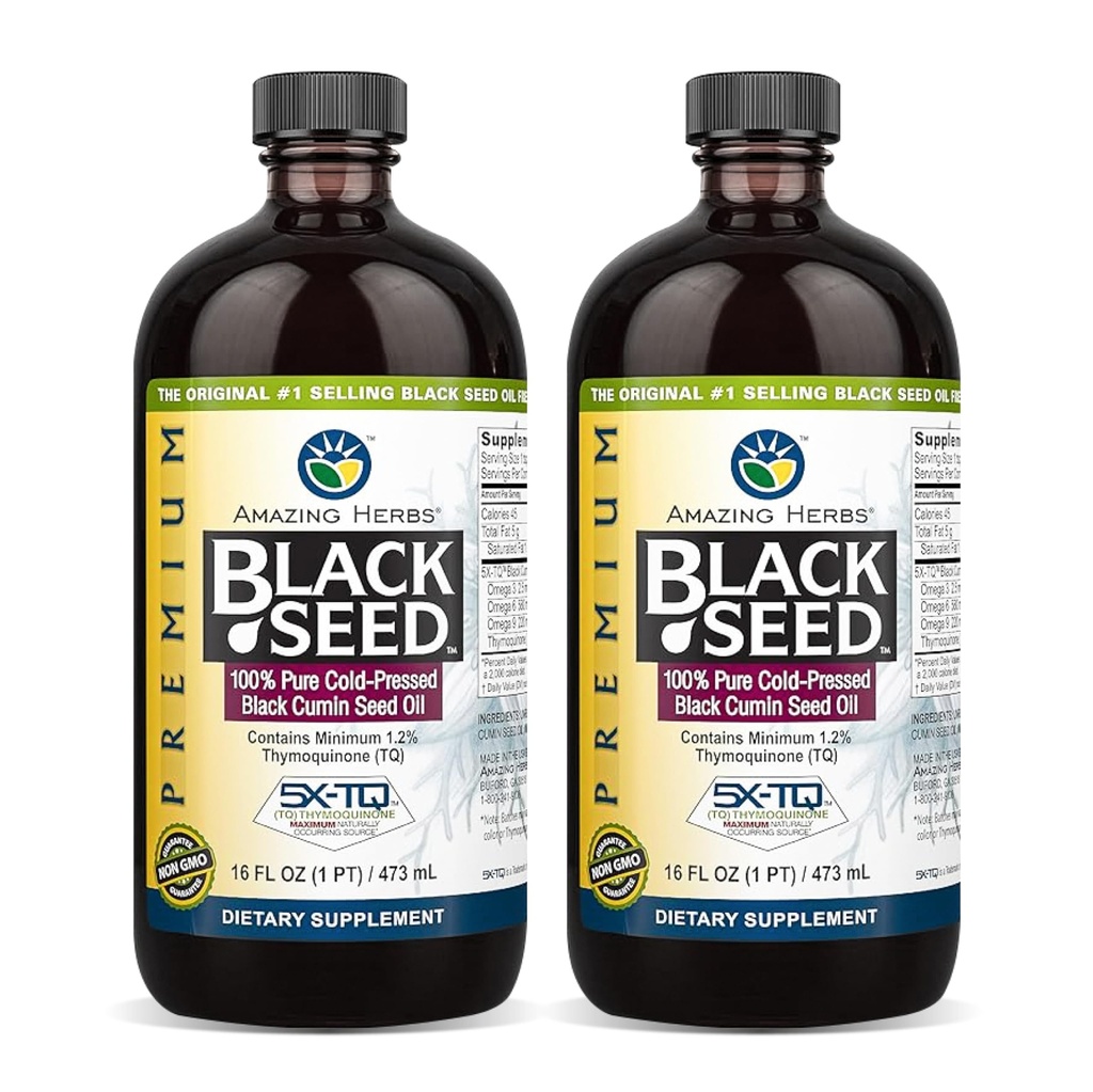 Amazing Herbs Premium Black Seed Oil - Χωρίς γλουτένη, μη ΓΤΟ, Ψυχρό Πιέζεται Nigella Sativa Aids σε Digestive Υγεία, Ανοσοποιητική Υποστήριξη, λειτουργία εγκεφάλου - 16 Fl Oz (πακέτο του 2)