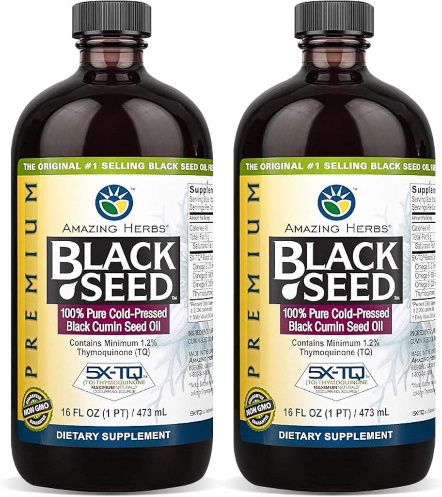 Amazing Herbs Premium Black Seed Oil - Χωρίς γλουτένη, μη ΓΤΟ, Ψυχρό Πιέζεται Nigella Sativa Aids σε Digestive Υγεία, Ανοσοποιητική Υποστήριξη, λειτουργία εγκεφάλου - 16 Fl Oz (πακέτο του 2)