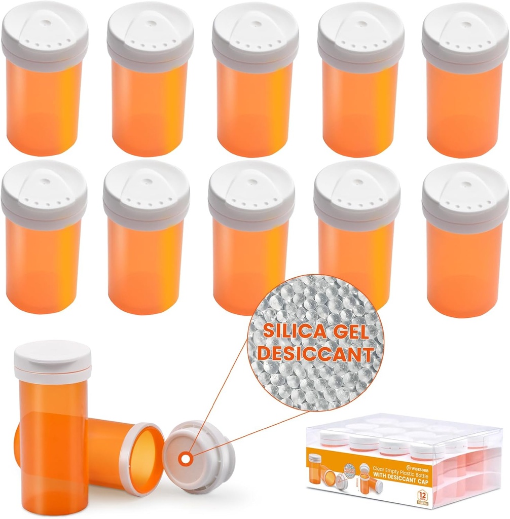 Pill Bottle with Desiccant Cap, Medicine Bottle, Pill Bottles Empty with Caps, Empty Pill Bottles (6 Dram, 12 Pack)