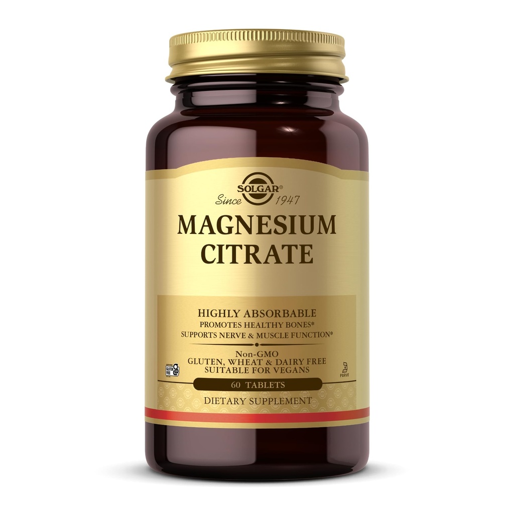 Solgar Magnesium Citrate - 60 δισκία - Προάγει υγιή οστά, υποστηρίζει νευρική & μυϊκή λειτουργία - Εξαιρετικά απορροφήσιμο - μη-GMO, Vegan, χωρίς γλουτένη, Kosher - 30 εξυπηρετεί