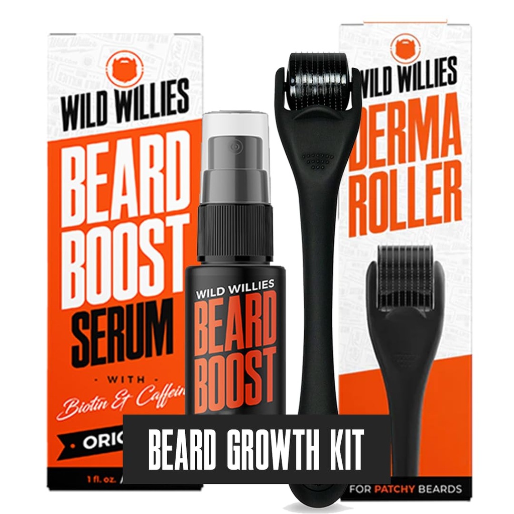 Wild Willies Beard Growth Kit - Premium Derma Roller & Beard Boost Serum - Microneed Roller & Beard Hair Growth Serum with Biotin & Caffeine for Fuller Beard, Scalp Care - Εύκολο στη χρήση Kit with Case