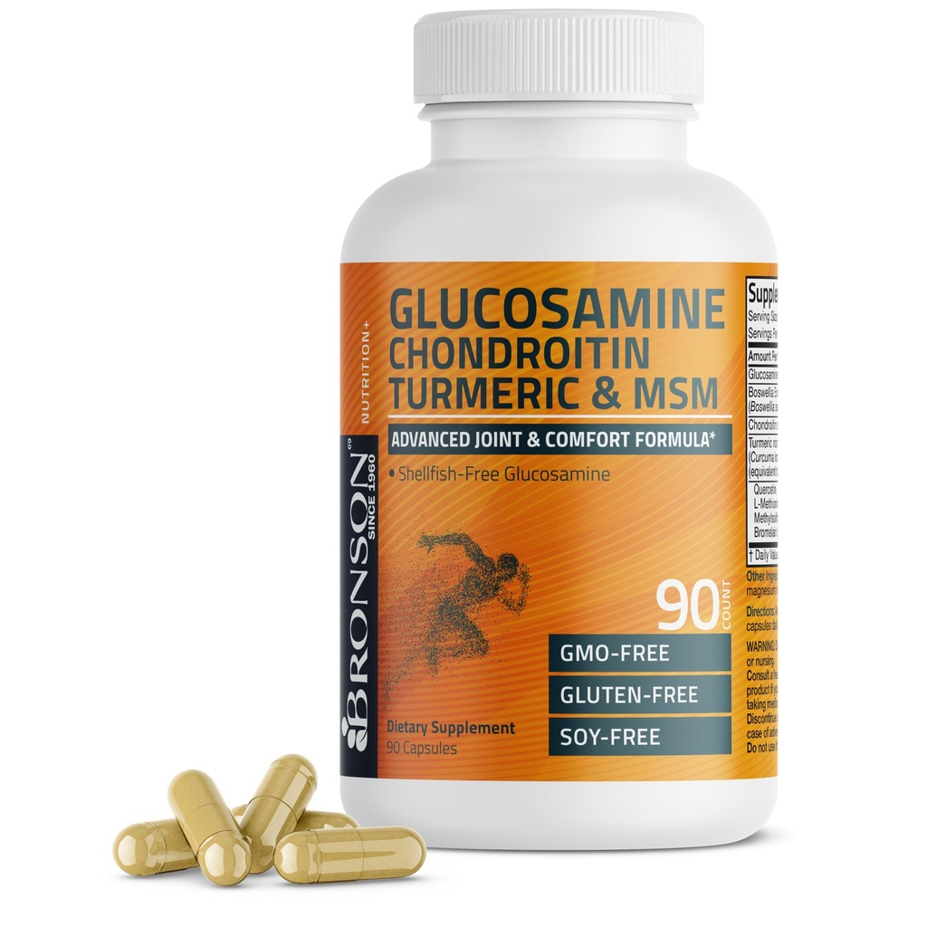 Bronson Glucosamine Chondroitin Turmeric & MSM Advanced Joint & Cartilage Formula, Υποστηρίζει υγιείς αρθρώσεις, Κινητικότητα & Cartilage - Μη ΓΤΟ, 90 κάψουλες