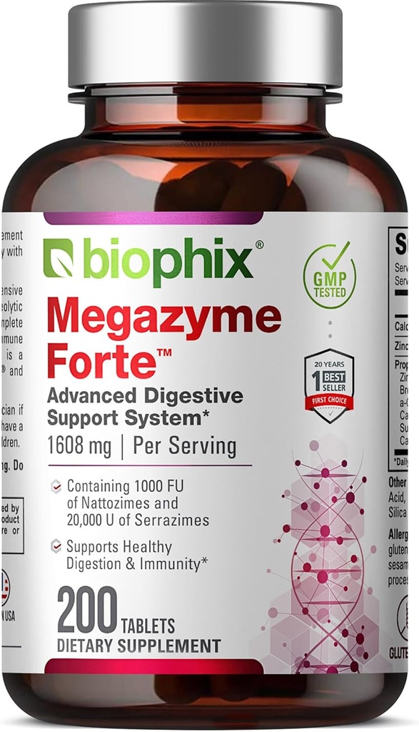 biophix Megazyme Forte 200 Tablets - Natural Plant Proteolytic Enzymes Nattozimes Serrazimes Supports Digestive System Immune Health