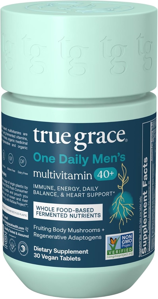True Grace Men's 40+ One Daily Multivitamin Fermented Minerals, Organic Adaptogens & Mushrooms Whole Body Balance Immune, Endurance, Bone & Heart Support Supplement - Non-GMO - 30 Vegan Tablets