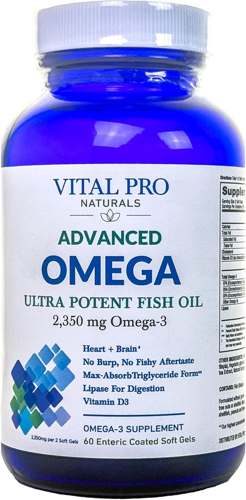 Vital Pro Naturals - Advanced Omega Wild Πιάστηκε Νορβηγικό ιχθυέλαιο με 2350mg υψηλής ισχύος Omega 3 συμπληρώματα λιπαρών οξέων EPA DHA και DPA για τον εγκέφαλο και την καρδιά 60 Softgels (Packaging May Vary)