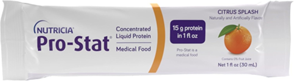 Nutricia Pro-Stat Sugar Free Citrus Splash - 1 oz Packets, Pack of 96 - High-Protein, Ready-to-Drink Medical Food for Wound Care, Muscle Loss, and Malnutrition Management