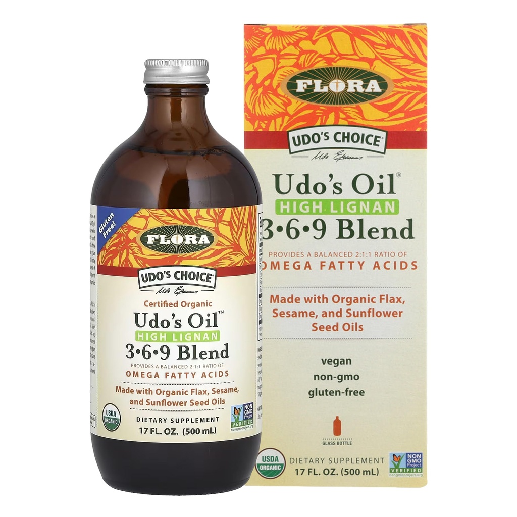 Flora - Udo's Choice High-Lignan 369 Omega Oil Blend, Oudo's Oil Balanced 2:1:1 Ratio of Omega Faty Acids, Made with Organic Flax, Sesame & Sunflower Seed Oils, 17-oz. Γυάλινη φιάλη