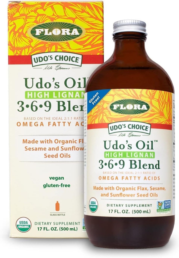 Flora - Udo's Choice High-Lignan 369 Omega Oil Blend, Oudo's Oil Balanced 2:1:1 Ratio of Omega Faty Acids, Made with Organic Flax, Sesame & Sunflower Seed Oils, 17-oz. Γυάλινη φιάλη
