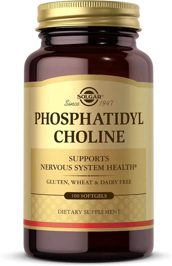 Solgar Phosphatidylcholine, 100 Softgels - Προώθηση της Υγιούς Γνωστικής λειτουργίας - που προέρχεται από Λεκιθίνη - Περιέχει Χολίνη για Νευροδιαβιβαστή Acetylcholine - Χωρίς γλουτένη, Γαλακτοκομικά Χωρίς - 50 Μερίδες