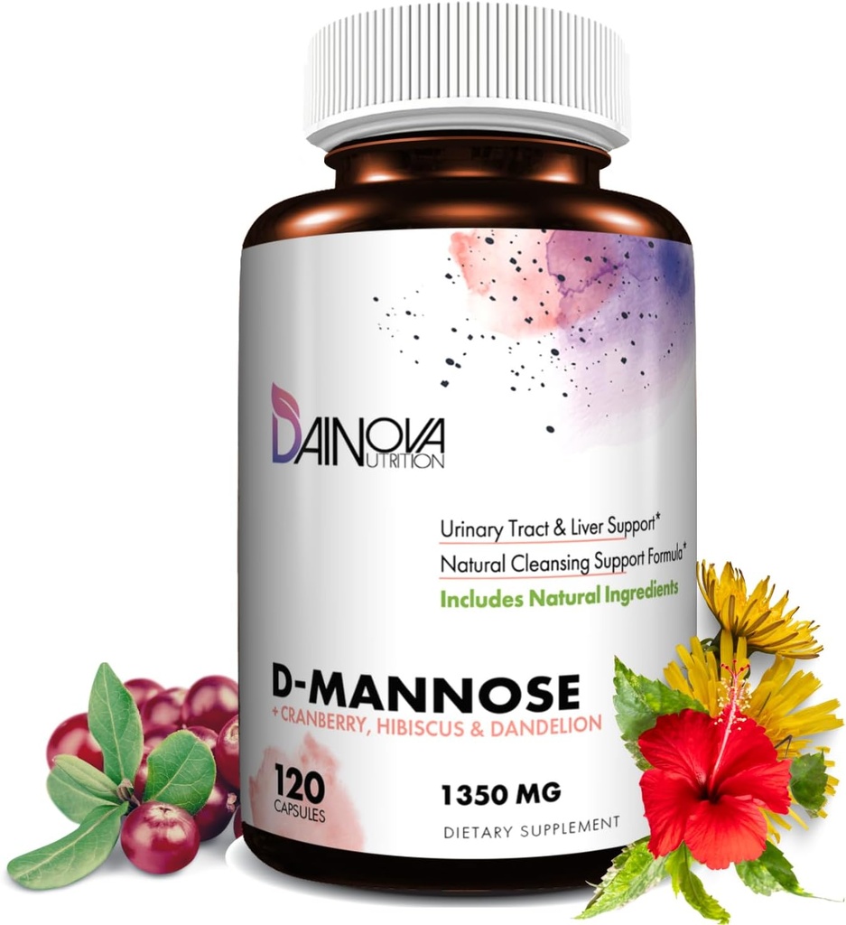 Dainova D Mannose 1350mg με κάψουλες Cranberry I D- Mannose για την πρόληψη UTI, ούρα, ούρα για την υγεία των γυναικών, και καθαρισμού. W/Hibiscus & Dandelion, 120 κάψουλες λαχανικών