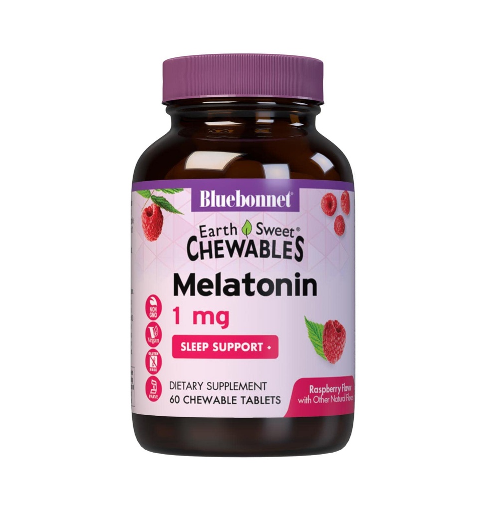 Bluebonnet Nutrition EarthSweet Melatonin 1 mg Fast-Acting Quick Dissolve Nighttime Relaxation & Restful Sleep Support - Sleep Aid - Gluten-Free, Vegan - Flavor - Chewable Tablets Raspberry