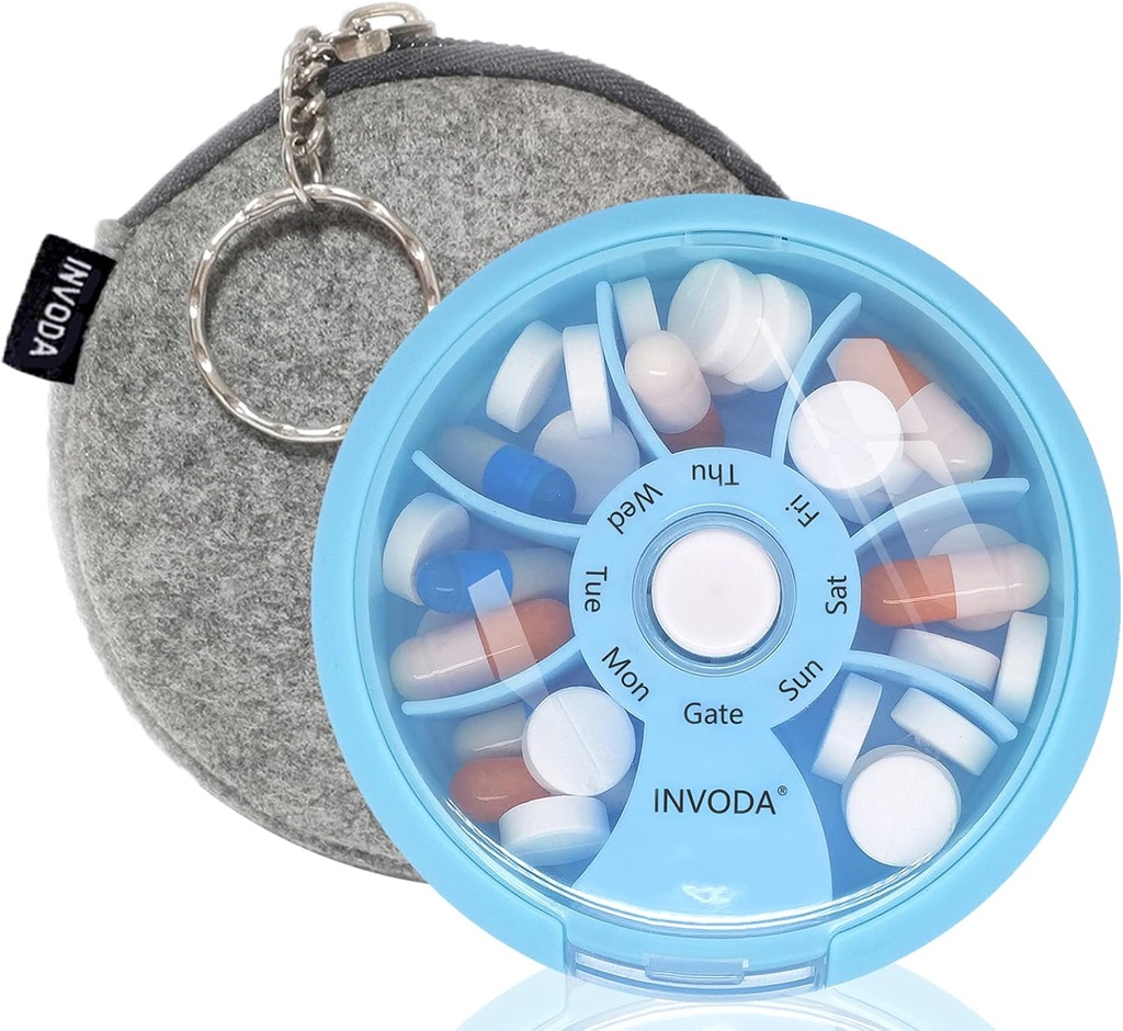 INVODA Weekly Pill Organizer 7 Διαμέρισμα Περιστρεφόμενο Χάπια Κουτί για Καθημερινή Φάρμακα & Βιταμίνες - Portable Travel Pill Υπόθεση Fish Oil Συμπληρώματα Βιταμίνες Organizer (Blue+Bag)