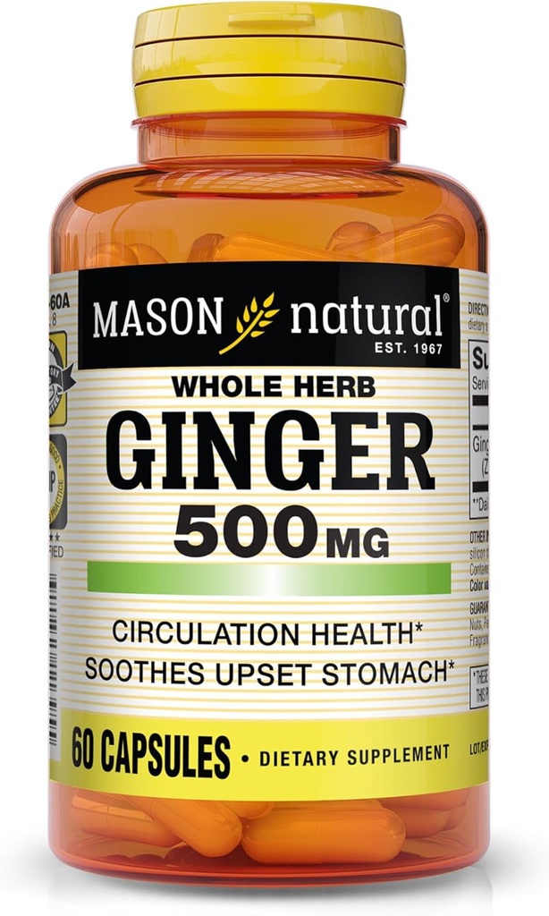 MASON ΦΥΣΙΚΟ Ολόκληρο Βότανο Ginger 500 mg, 2 Μήνες προσφοράς, Φυσικό συμπλήρωμα βοτάνων, 60 κάψουλες