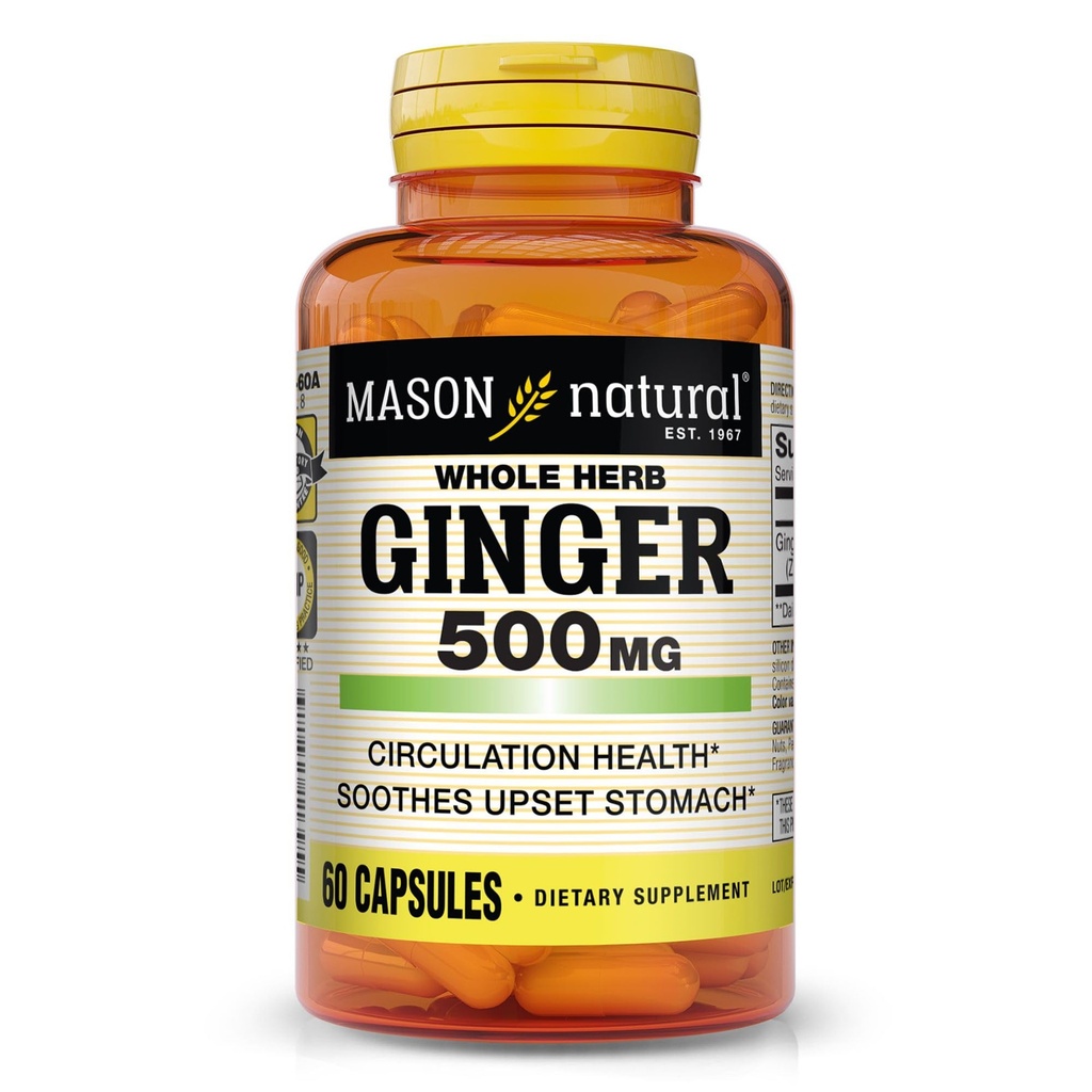 MASON ΦΥΣΙΚΟ Ολόκληρο Βότανο Ginger 500 mg, 2 Μήνες προσφοράς, Φυσικό συμπλήρωμα βοτάνων, 60 κάψουλες