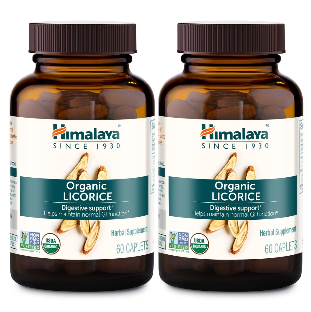 Himalaya Organic Licorice, 120 Day Supply - Digestive Health Supplement for Upset Stomach, Occasional Bloating and Heartburing - USDA Organic, Vegan, Non-GMO, Non-DGL, Gluten Free, 60 Caplets, 2 Pack