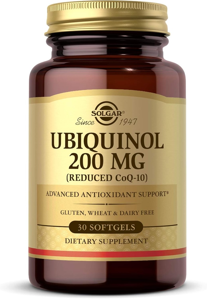 Solgar Ubiquinol 200 mg (μειωμένο CoQ-10), 30 Softgels - Προάγει τη λειτουργία της καρδιάς & του εγκεφάλου - Υποστηρίζει την υγιή γήρανση - Συνένζυμο Q10 - Συμπλήρωμα Ubiquinone - Χωρίς γλουτένη, χωρίς γαλακτοκομικά - 30 Σερβιέτες, Αγευσμένη, πρότυπο