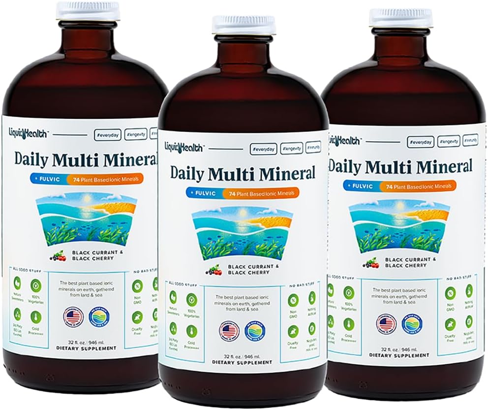 LIQUIDHEALTH Daily Multi Mineral Liquid Supplement with Fulvic Acid, Plant Based Ionic Aquamin Sea Trace Ocean Minerals - Ανοσοποιητική Υποστήριξη, Ενέργεια, Υγεία των Ούρων, Detox - Made in USA, Vegetarian (3 Pack)