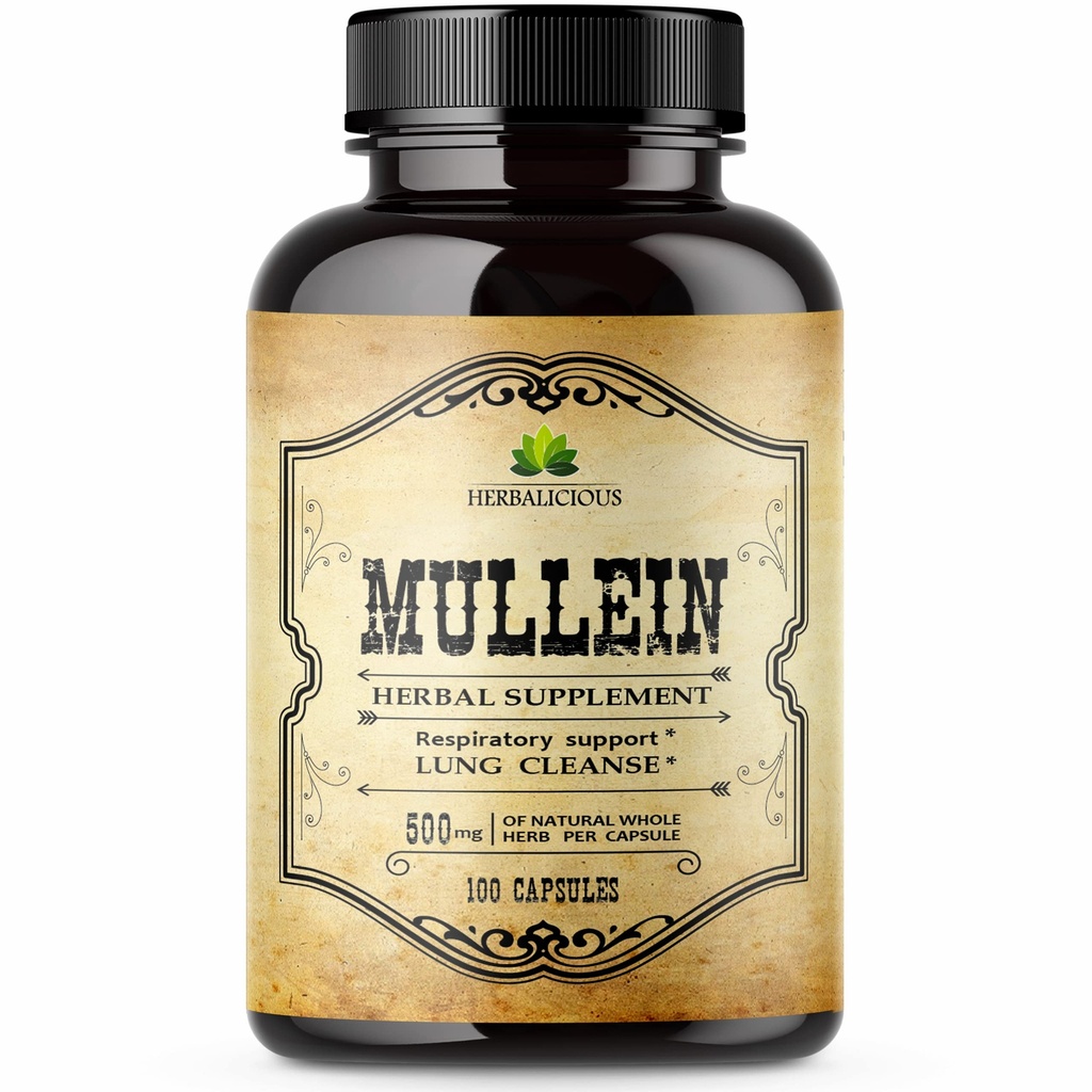 HERBALICIOUS Mullein Leaf Extract for Lungs – Lung Detox for Smokers & Respeatur Support – Βότανο συμπλήρωμα για τον πνεύμονα καθαρισμού, Detox, και Digestive Wellness – Vegan, Non-GMO, 100 κάψουλες