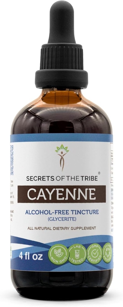 Secrets of the Tribe Cayenne Tincture Alcohol-Free Extract, High-Potency Herbal Drops, Tincture Made from Cayenne Capsicum annuum Invigorating Effect 4 oz