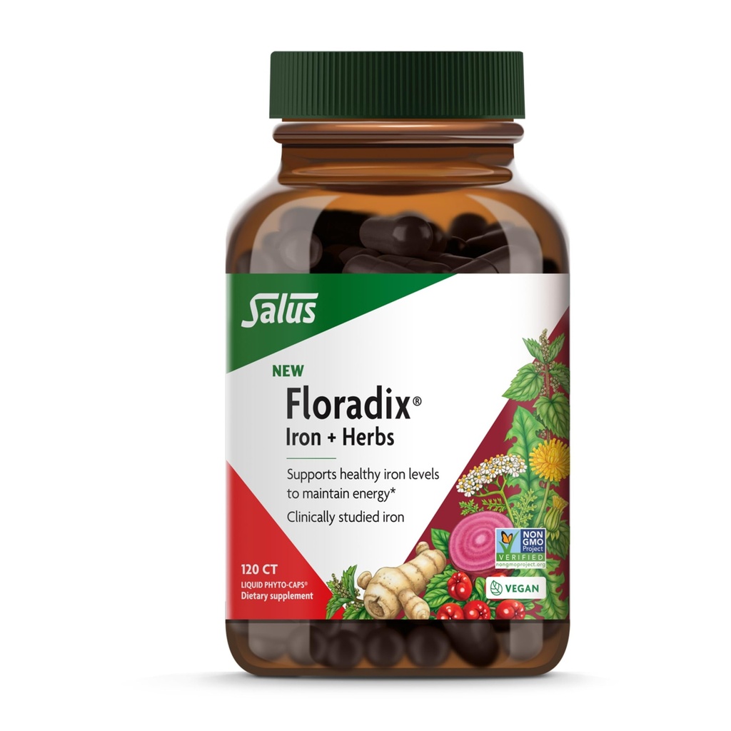 Floradix Iron + Βότανα - Συμπλήρωμα σιδήρου για υγιή ενεργειακή υποστήριξη* - Υποστηρίζει τον σχηματισμό ερυθρών κυττάρων αίματος - Vegan, μη ΓΤΟ, χωρίς γλουτένη, χωρίς σόγια - 120 υγρά Phyto-Caps