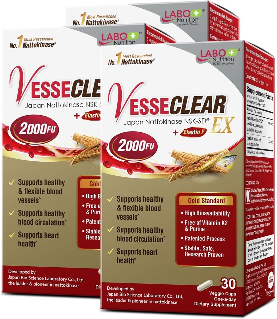 LABO Nutrition SesseCLEAR EX: Nattokinase NSK-SD+Elastin F για καθαρό και ευέλικτο αιμοφόρο σκάφος. Τα πιο κλινικά Σπουδασμένα, Λειτουργική Δόση, Όξινα Ανθεκτικά / Καθυστερημένα καψάκια απελευθέρωσης, 90 Count