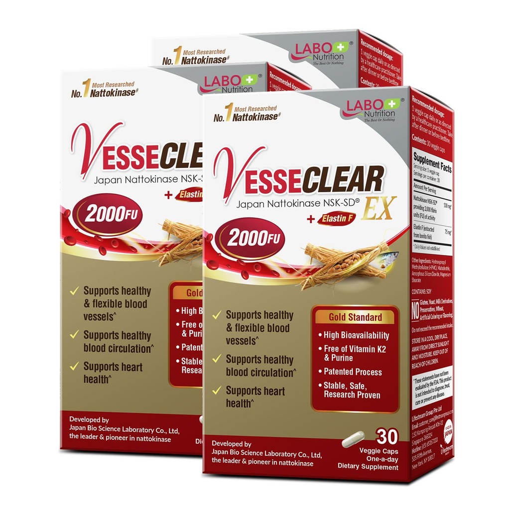 LABO Nutrition SesseCLEAR EX: Nattokinase NSK-SD+Elastin F για καθαρό και ευέλικτο αιμοφόρο σκάφος. Τα πιο κλινικά Σπουδασμένα, Λειτουργική Δόση, Όξινα Ανθεκτικά / Καθυστερημένα καψάκια απελευθέρωσης, 90 Count