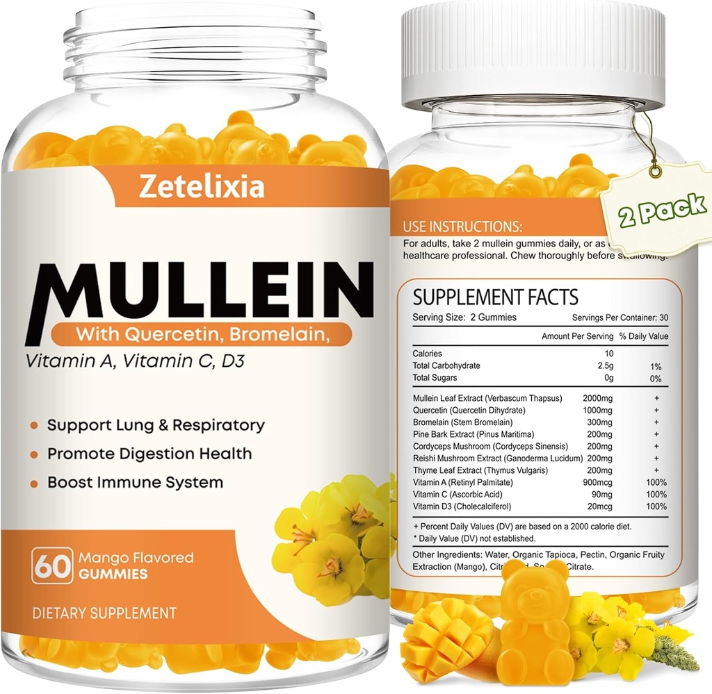 Mullein Gummies for Clear Lungs, 10 in 1 Mullein Leaf Extract for Lungs, Mullein Quercetin Gummies for Lung Cleanse, Respiratory, Immunity, Mango Flavor, 120 Count