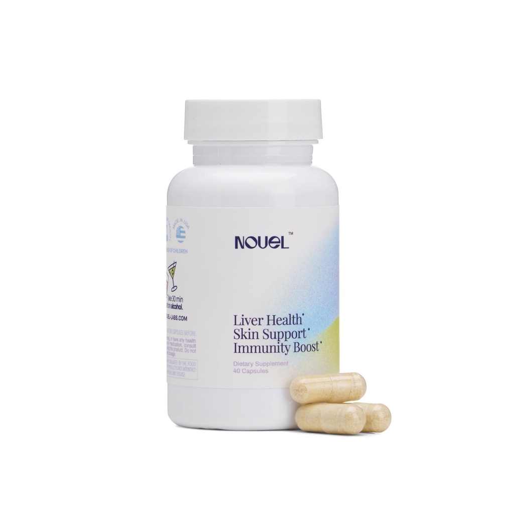 Nouel | Skin + Liver + Immunity Support | Recovery Supplement for Drinking | Milk Thistle, NAC, Hyaluronic Acid, CoQ10, Biotin, Antioxidants | 40 Capsules
