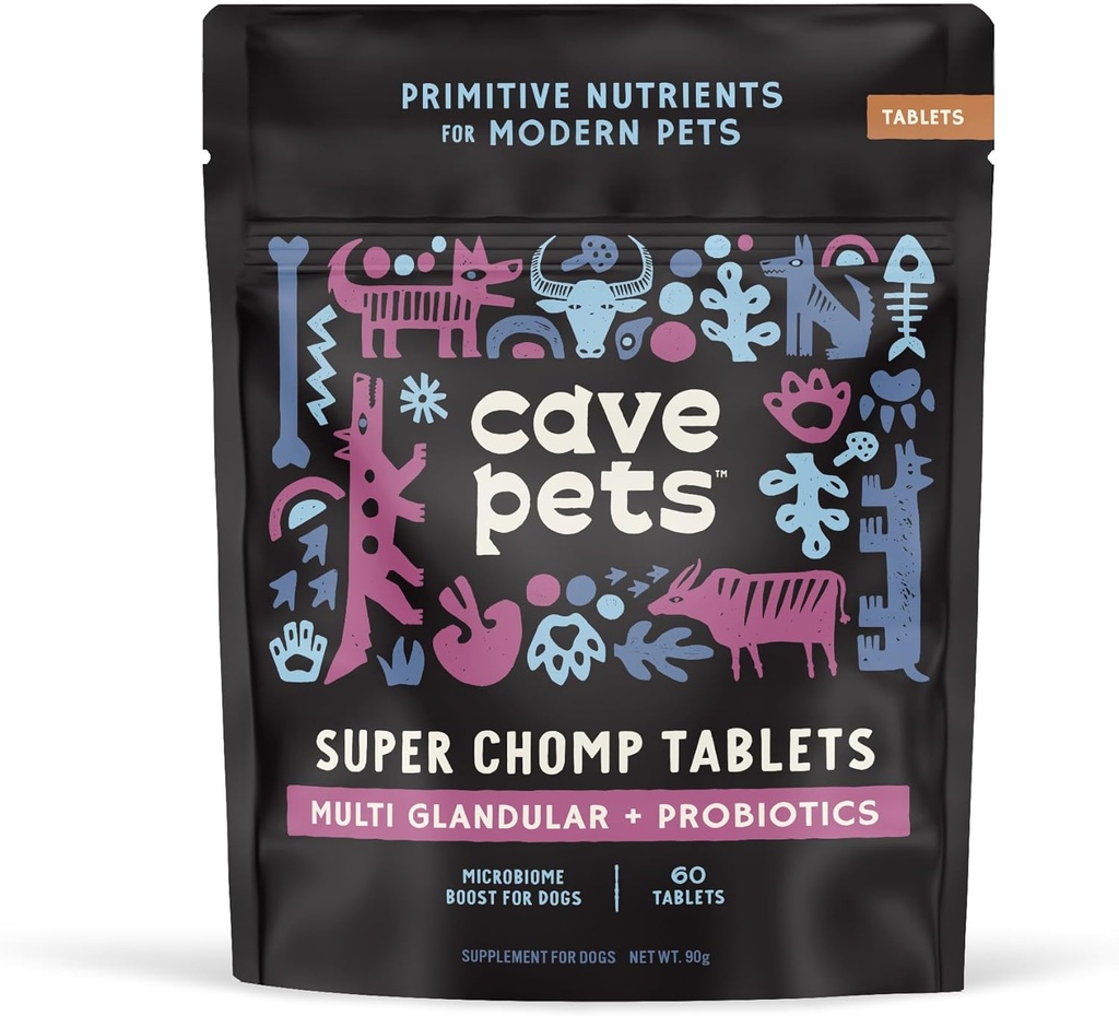 Σπήλαια Κατοικίδια, Super Chomp Tablets, Probiotic Σκύλος συμπλήρωμα για Digestive Υγεία, Multi-Glandular & Probiotics, 60 δισκία