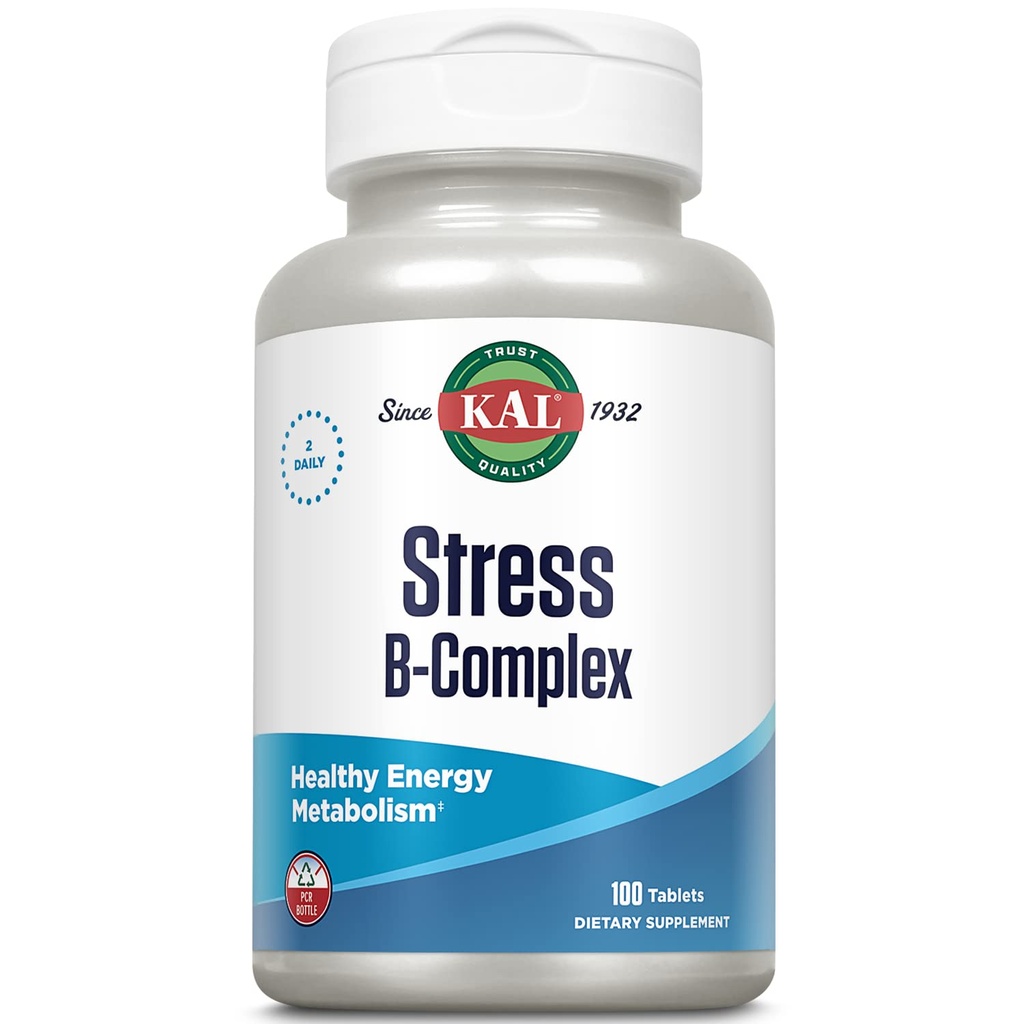 KAL Stress B Complex Vitamin Supplement, Vitamin B Complex for Energy, Stress, Red Blood Cell Formation and Immune Support, with Vitamin B12, B6 and Folic Acid, 60- Ημέρες Εγγύηση, 50 Serv, 100 Tablets