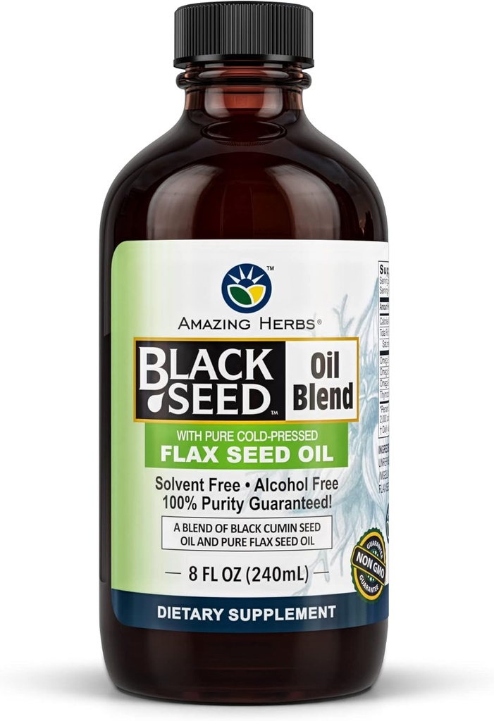 Amazing Herbs Cold-Pressed Black Seed and Flax Seed Oil Blend - Gluten-Free, Non-GMO, High in Omega 3, 6, & 9, Supports Joint, Brain, and Heart Function - 8 Fl Oz